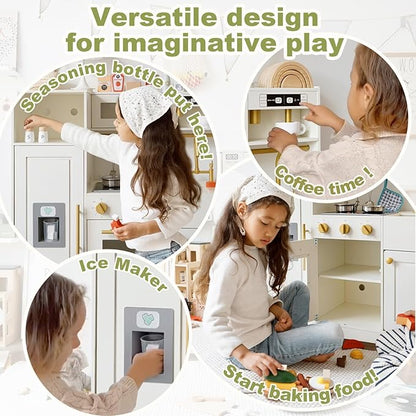 Play Kitchen for Kids Chef Pretend Wooden Kitchen Playset with Real Lights & Sounds and 14 Pcs Toddler Kitchen Accessories, Toy Kitchen Set for Boys and Girls Ages 3+