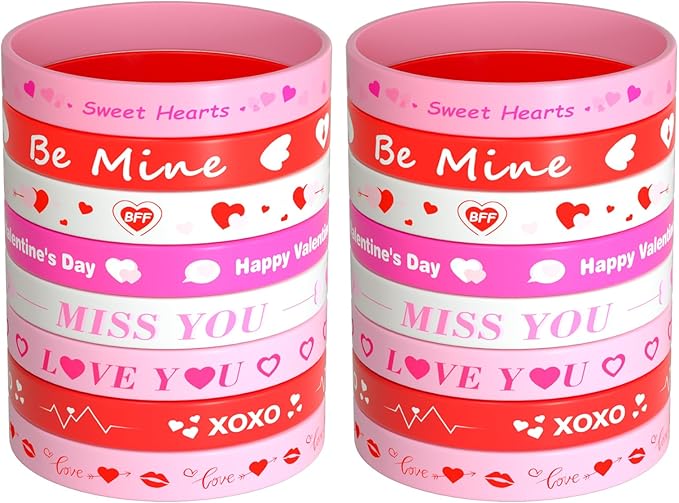 NEBURORA 16 Pieces Valentine's Day Silicone Wristbands Pink Red Heart Rubber Bracelets for Valentine's Gift Party Decoration Favors