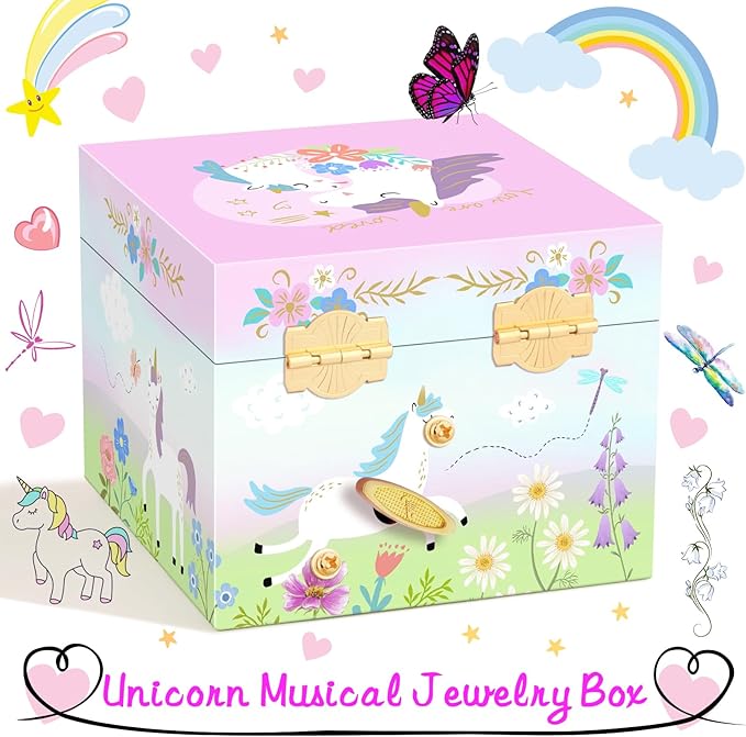 RR ROUND RICH DESIGN Music Jewelry Box with Drawer for Girls Foil Gold Unicorn Theme Spinning Playback the Tune for Beautiful Dream Song Pink-Green