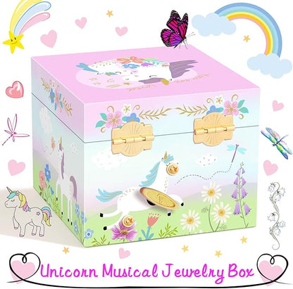 RR ROUND RICH DESIGN Music Jewelry Box with Drawer for Girls Foil Gold Unicorn Theme Spinning Playback the Tune for Beautiful Dream Song Pink-Green