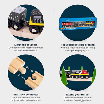 Bigjigs Rail Wooden CN Train - 1 Engine, 2 Carriages & 2 Track Pieces, Kids Train Toy Accessories, Toddler Railway Sets, Trains with Magnetic Couplings, for 3+ Year Old