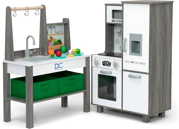 Delta Children Gourmet All-in-One Corner Play Kitchen - Toy Kitchen Playset with Safe & Heatless Stove with Lights, Oven, Sink, Fridge/Freezer with Ice Maker and 20 Accessories, Natural/White