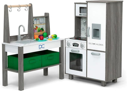 Delta Children Gourmet All-in-One Corner Play Kitchen - Toy Kitchen Playset with Safe & Heatless Stove with Lights, Oven, Sink, Fridge/Freezer with Ice Maker and 20 Accessories, Natural/White