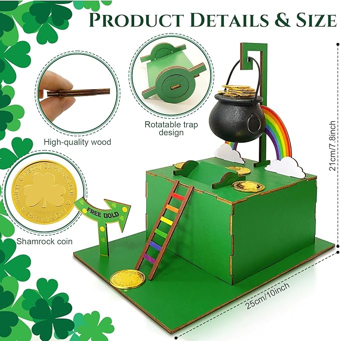 Bailiyake St. Patrick's Day Wood DIY Leprechaun Trap Kit St Patricks Day Party Decorations DIY to Catch a Leprechaun Trap Wood Craft Set for Classroom Home Rainbow Irish Shamrock Party Supplies