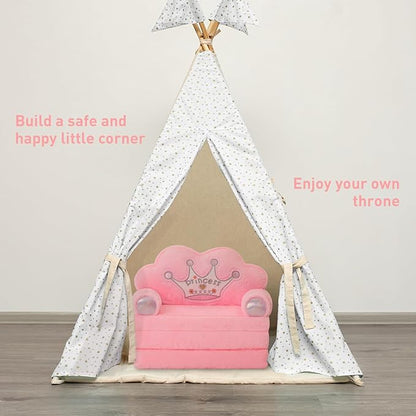 MOONBEEKI Toddler Chair Comfy，Foldable Princess Kids Couch for Girl, Toddler Recliners for Kids Over 18 Months, Kids Sofa Bed Fold Out (Pink)