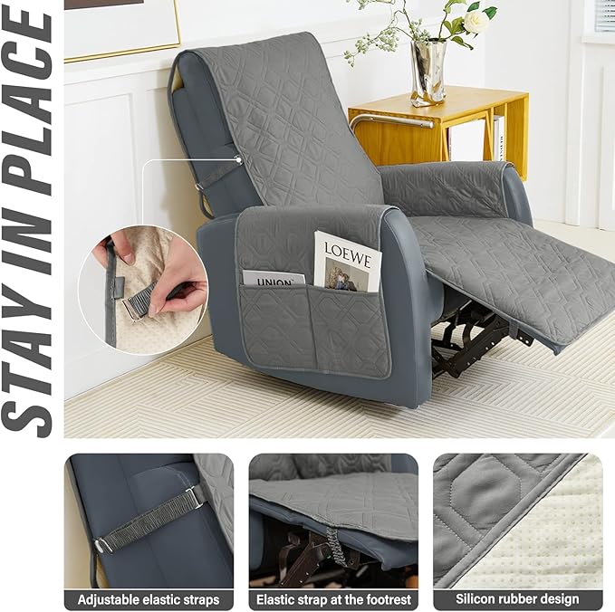 Recliner Chair Covers Sofa Slipcover Non-Slip Chair Couch Cover Machine Washable Furniture Protector with Straps for Dogs(Grey, 23inch Recliner)