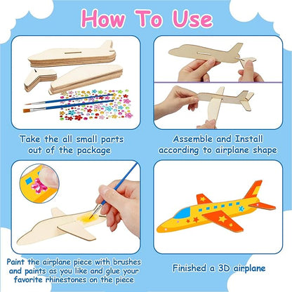 Fennoral 12 Pack Wooden Airplane Craft for Kids Make Your Own 3D Airplane kit for Boys Girls DIY Paint Wood Planes for School Art Activity Kids Birthday Gifts