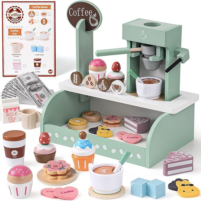 Toyssa Wooden Coffee Maker Playset for Kids 3 4 5, Pretend Play Food Toys for Toddlers with Dessert & Menu, Wooden Toys Play Kitchen Accessories Christmas Birthday Gift for Kids Girls Boys 3 4 5 6