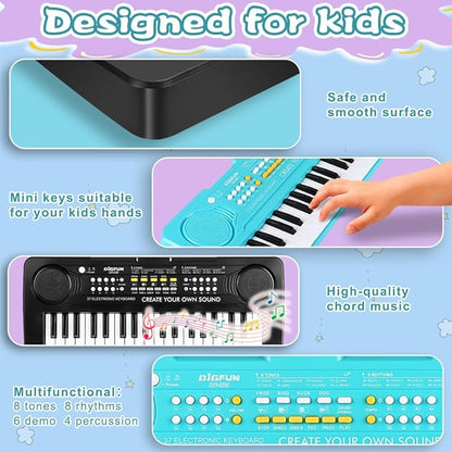 Keyboard Piano for Kids, BIGFUN 37 Keys Toddler Piano Multifunction Music Educational Instrument Toy, Electronic Kids Keyboard Set for 3-7 Year Old Girls and Boys (2PCS, Black + Blue)