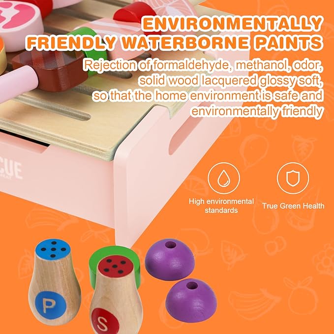 Wooden Grill Playset for Kids 3 Years Old,Children BBQ Grill Playset,2023 New Upgrade Play Kitchen Toy Grill-Pink