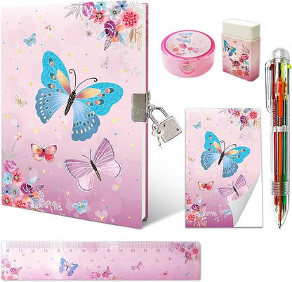 Butterfly Girls Diary with Lock, Set of Diary for Girls Incl. Kids Journal with Lock & Pen (6-Multicolor) Memo Ruler Sharpener Eraser Pink Girls Journal Writing Notebooks for Kids Gifts for Girls 6-8