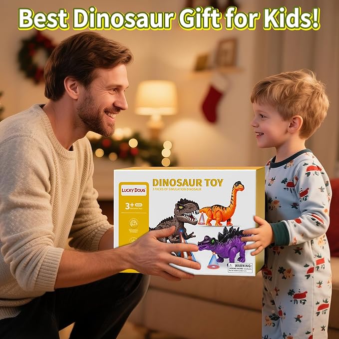 Lucky Doug 3 Pack Electric Realistic Dinosaur Toys with Simulated Sounds ＆ Lights for Boys Kids Aged 3 4 5 Years Old - Perfect Jurassic Tyrannosaurus Rex Gift for Birthday 3-5 Years