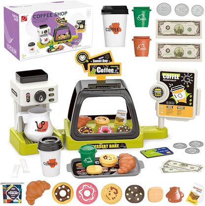 GAGAKU Toy Coffee Maker Machine and Cash Register Kit with Sound Light Kids Kitchen Pretend Play Sets Kitchen Appliances Toy for Boys Girls-Green