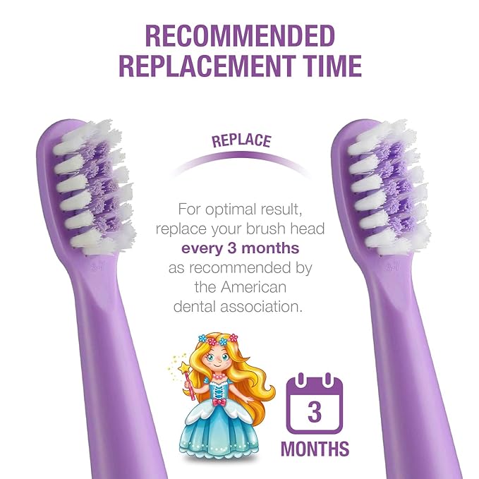 Vekkia Princess Electric Toothbrush Replacement Heads - 7X More Plaque Removal, End-Rounded 3D Curved Soft Bristles, Comfortable & Efficient Clean Teeth, Perfect for Kid Small Mouth, Purple (4 Pack)