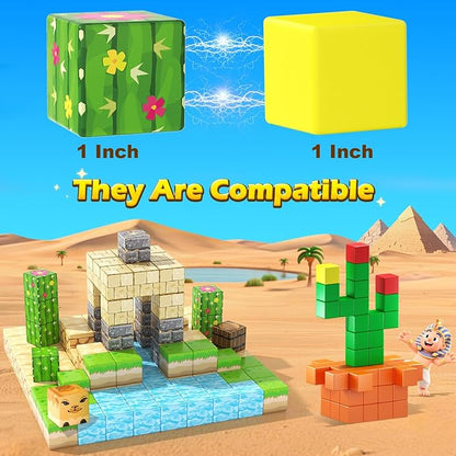 Gooidea Large Magnetic Blocks Kids Toys, Sensory Learning Toys, Mine Magworld Building Craft, Desert Construction Set, 1“ Magnetic Building Cubes, Game Gift for 3+ Year Old Boys Girls