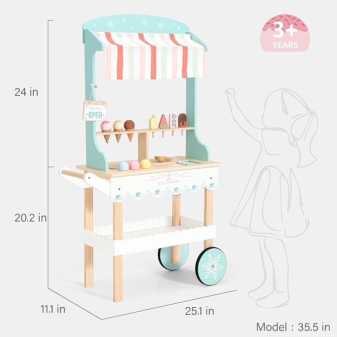 PairPear Wooden Ice Cream Cart for Kids Pretend Play Grocery Store, Ice Cream Truck with Wheels, 2 in 1 Wooden Toy Food Cart Toddler Play Kitchen Gift for Boys Girls 3+