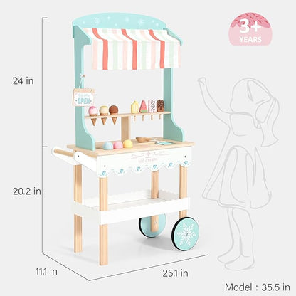 PairPear Wooden Ice Cream Cart for Kids Pretend Play Grocery Store, Ice Cream Truck with Wheels, 2 in 1 Wooden Toy Food Cart Toddler Play Kitchen Gift for Boys Girls 3+