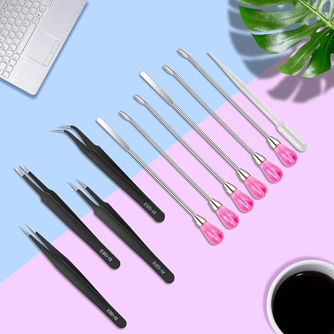 11 Pcs Silicone Resin Mold Tools Set, Tweezers Jewelry Making Kit, Stirring Needle Spoon Tool, Anti-Static Stainless Steel ESD Tweezers Precision Set for DIY Epoxy Resin Casting Craft
