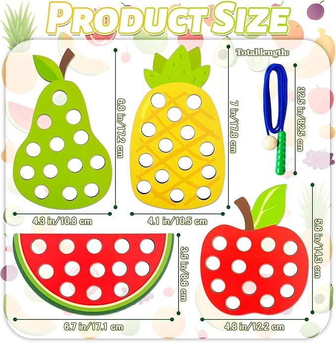 4 Pack Wooden Lacing Toy for Toddlers,Educational Threading Activity Puzzle Toys,Learning Fine Motor Skills Travel Game Toys for Kids 3-5,1 Pineapple,1 Pear,1 Apple,1 Watermelon