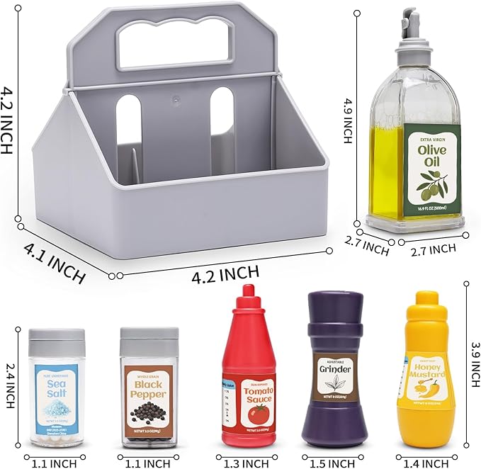 6 Pcs Condiment Toys with Storage Rack and Gift Box, Play Food Set for Kids Kitchen, Pretend Food Play Kitchen Accessories for Toddler, Preschool Learning Toys for Boy Girl, Pretend Grocery Store