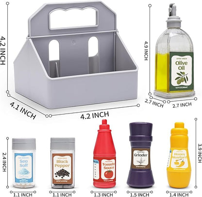 6 Pcs Condiment Toys with Storage Rack and Gift Box, Play Food Set for Kids Kitchen, Pretend Food Play Kitchen Accessories for Toddler, Preschool Learning Toys for Boy Girl, Pretend Grocery Store