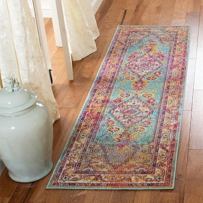 SAFAVIEH Crystal Collection Runner Rug - 2'2" x 9', Light Blue & Orange, Medallion Distressed Design, Non-Shedding & Easy Care, Ideal for High Traffic Areas in Living Room, Bedroom (CRS507A)