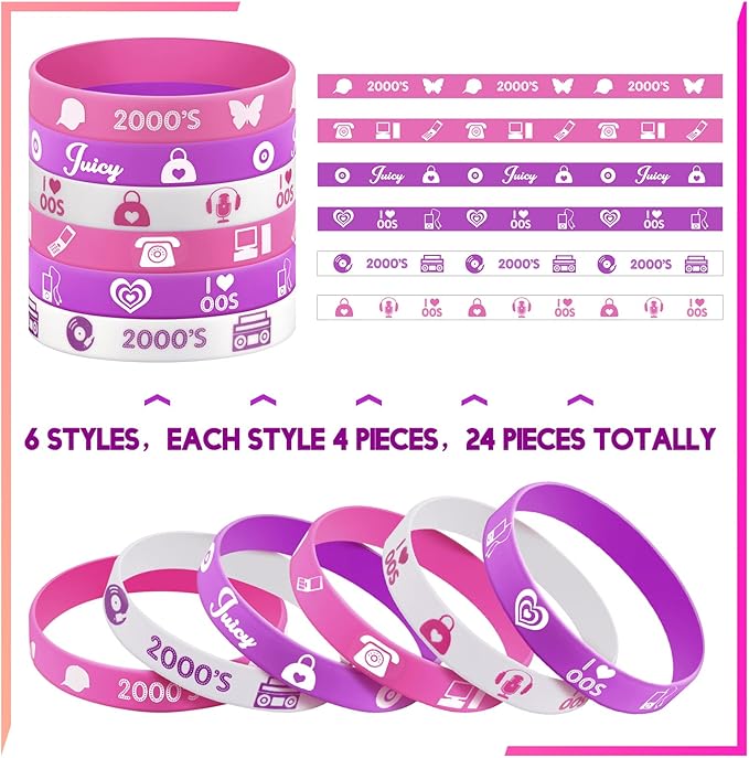 24 Pcs 2000s Party Favors Y2k Party Silicone Wristband Bracelets Colored Stretch Rubber Bracelets for Adults Y2k Themed Party Supplies