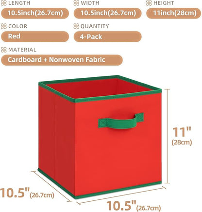STORAGE MANIAC Storage Cubes, 11 Inch Durable 4 Pack Storage Shelf Basket for Christmas, Fabric Foldable Collapsible Bins with Handles for Organization, Closet, Shelves, Offices, Toys, Red