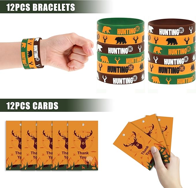 Tazimi 110 PCS Hunting Party Favors Hunting Birthday Party Supplies Camo Party Favors with Hunting Keychains Stickers Rubber Bracelets Button Pins and Bags for Hunting Theme Party