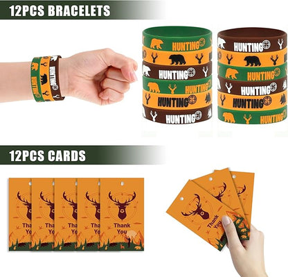 Tazimi 110 PCS Hunting Party Favors Hunting Birthday Party Supplies Camo Party Favors with Hunting Keychains Stickers Rubber Bracelets Button Pins and Bags for Hunting Theme Party
