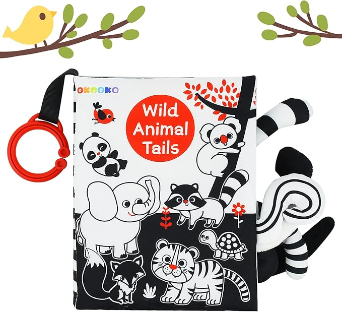 OKOOKO Soft Baby Book Black and White High Contrast Animals Tails Book Bath Book Montessori Sensory Stroller Toy Non-Toxic Crinkle Washable Early Education for Baby Infant Toddler