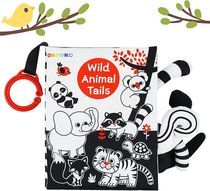 OKOOKO Soft Baby Book Black and White High Contrast Animals Tails Book Bath Book Montessori Sensory Stroller Toy Non-Toxic Crinkle Washable Early Education for Baby Infant Toddler