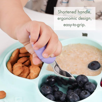 Baby Fork and Spoon Set with Carry Case Baby Training Utensils Self Feeding Toddler Silverware Silicone and Stainless Steel Kids and Toddler Utensil Set-Dinosaur