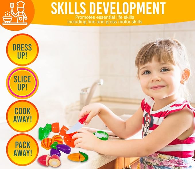 FUNERICA Toddler Kitchen Accessories Playset with Cutting Food Vegetables - Stainless-Steel Play Pots & Utensils - Apron & Chef Hat - Toy Knife & Cutting Board (Apron: Red. Checkerboard Design)