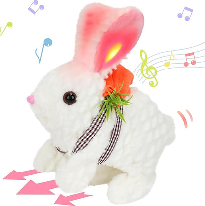 Hopearl Hopping Rabbit with LED Ears Carrot Backpack Interactive Plush Bunny Toy with Sounds Animated Walking Wiggle Light up Ears Twitch Nose Gift for Toddlers, White, 7''