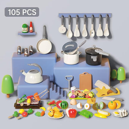 105Pcs Kids Kitchen Toy Accessories, Toddler Pretend BBQ Camping Cooking Playset, Play Pots, Pans, Utensils Cookware Toys, Play Food Set, Vegetables, Learning Gift for Girls Boys