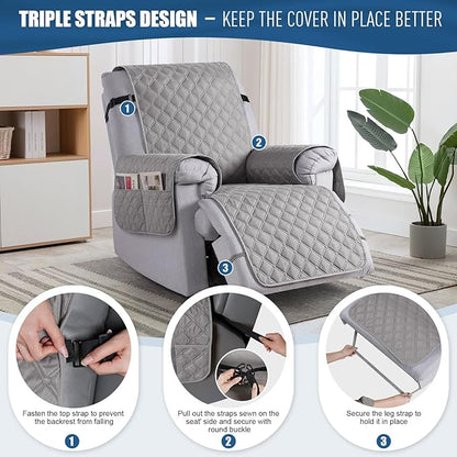 TAOCOCO 100% Waterproof Recliner Covers, Recliner Sofa Covers with Leg Straps, Reversible Recliner Couch Cover for Reclining Chair, Washable Couch Protector for Pets Kids(1 Seater 22", Light Gray)