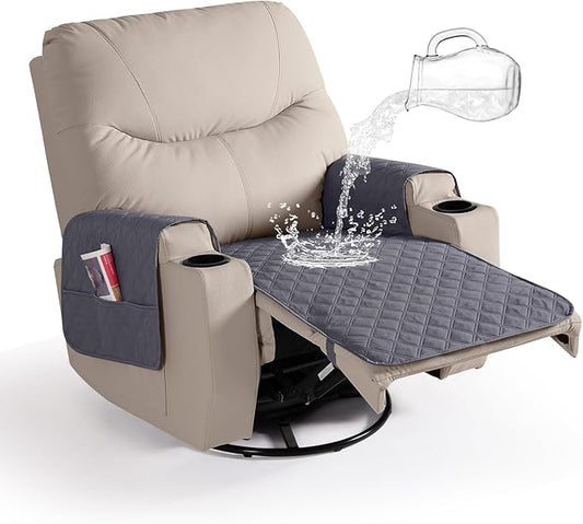 Ruaozz Waterproof Recliner Chair Covers Non Slip Chair Covers Recliner Seat Cover with Arms Washable Recliner Covers for Reclining Chair with Pocket, Covers for Recliner Chair (Dark Grey, Small-22'')