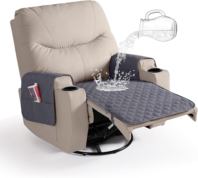 Ruaozz Waterproof Recliner Chair Covers Non Slip Chair Covers Washable Recliner Covers for Reclining Chair with Pockets Covers for Recliner Chair for Pets, Kids (Dark Grey, Medium-25'')