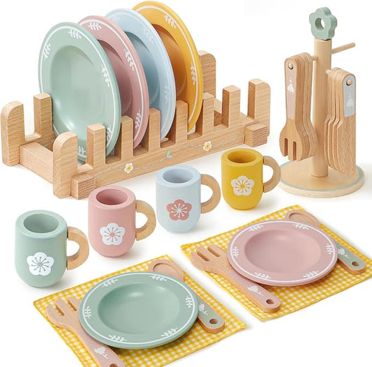Toyssa Wooden Play Kitchen Accessories Montessori Toys for Toddlers 3-5, Play Dishes for Kids Kitchen with Realistic Dishes & Plates & Tableware, Christmas Birthday Gifts for 3 4 5 6 Years Girls Boys