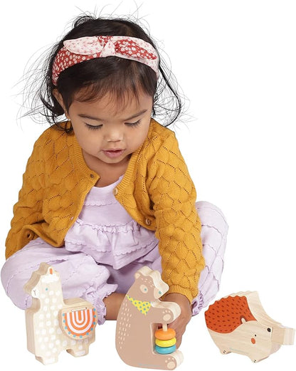 Manhattan Toy Musical Forest Trio 3 Piece Wooden Toy Set for Toddlers with Bear Rattle, Llama Clacker & Hedgehog Guiro