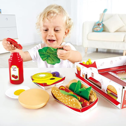 Hape Fast Food Set |Wooden Diner Fast Food Toy Set, Classic American Meal for Pretend Play Includes Burger, French Fries, Hotdogs & Cola
