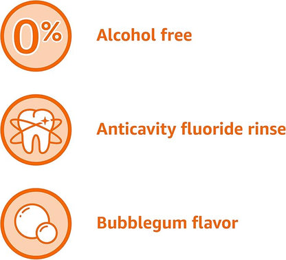 Amazon Basics Kids Mouthwash with Fluoride, Anticavity, Alcohol-Free Bubble Gum, 18 fl oz (Pack of 1)
