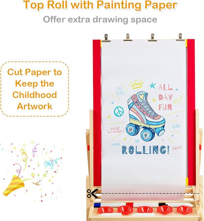 HONEY JOY Easel for Kids, Wooden Double-Sided Standing Toddler Easel w/Magnetic Chalkboard & White Board, Paper Roll, Painting Accessories, Magnetic Alphabet, Art Easel for Boys and Girls, Red