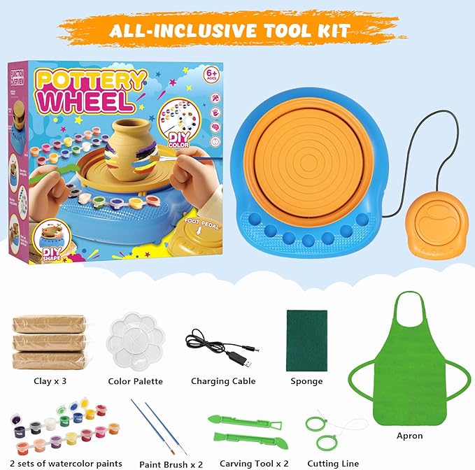 TingingYuli Pottery Wheel for Kids with Clay Kit - Arts and Crafts for Kids Ages 6-8 8-12, Complete Pottery Kit with Air Dry Clay and Painting Tools, Easter Christmas Birthday Gift for Boys Girls