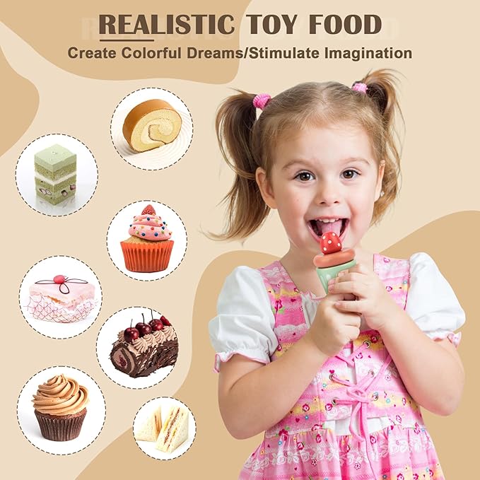 Play Food Sets for Kids Kitchen, Wooden Play Food Including Three-Tier Cake Stand, 22 Pcs Wooden Food Toys, Toddler Girl Toys