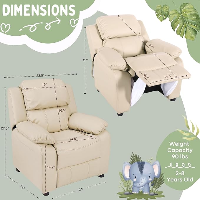 JC Home Macaron Kids Reclining Chair Leather Recliner Sofa Toddler Youth Children Child Ages 2-8