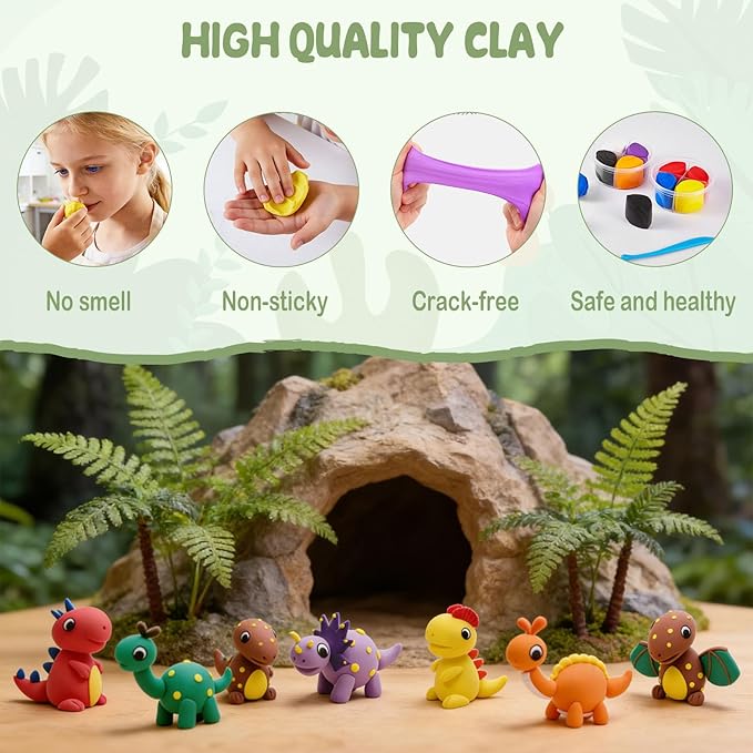 12 Independent Sealed Clay Jars, Non-Sticky & Odorless, Includes 12 InstructionCards & Dino Habitat Tools, Screen-Free STEAM Activity for Home or School