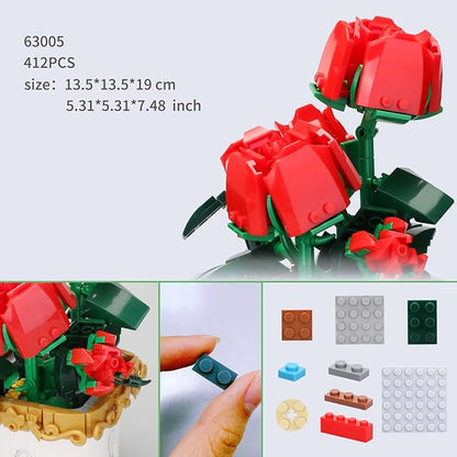 Flowers Bouquet Building Set (412 PCS) Roses Toy Building Set with Vase- Christmas, Mother's Day, Valentine Anniversary Birthday Gifts for Women Girlfriend Mom Ideal 63005