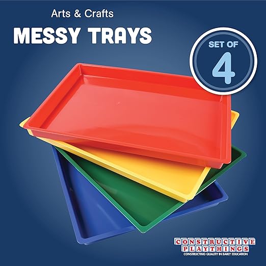 Constructive Playthings Messy Trays for Paint, Water and Sand Toys, Classroom Supplies, Toddler Toys for Creative Play, Set of 4 Trays, Ages 3 Years and Older